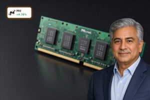 High-bandwidth Micron AI Memory HBM3E chips beside AI GPU on dark surface