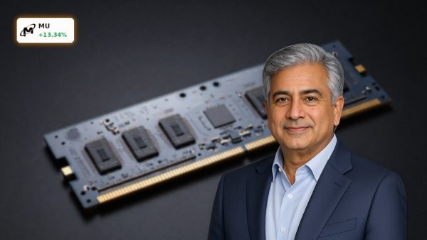 Micron Earnings spotlight AI memory chip product on dark background after record Q3 results