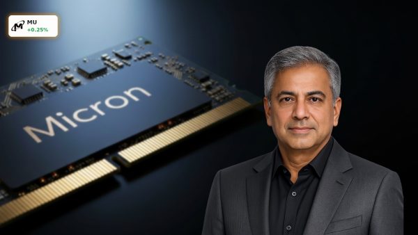 An advanced high-bandwidth memory chip from Micron Technology on a dark, reflective high-tech surface.