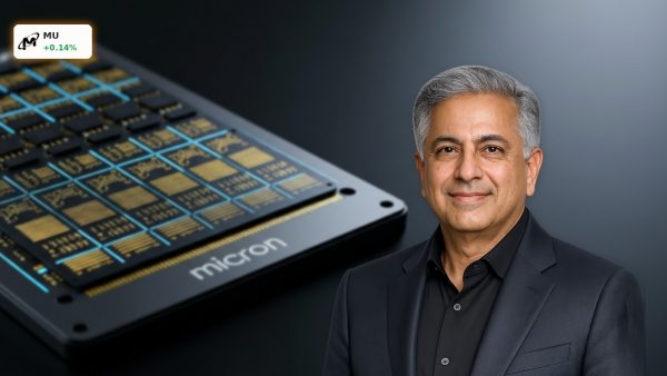 Advanced Micron Technology AI memory chip with glowing circuitry on a dark high-tech background.