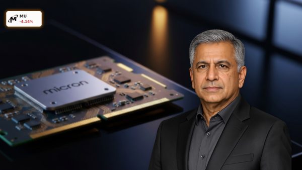 Micron Technology high-bandwidth memory chip on a dark reflective surface representing semiconductor technology.