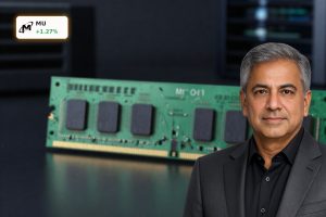 Micron Earnings boosted by premium AI HBM and DRAM memory chips on dark background