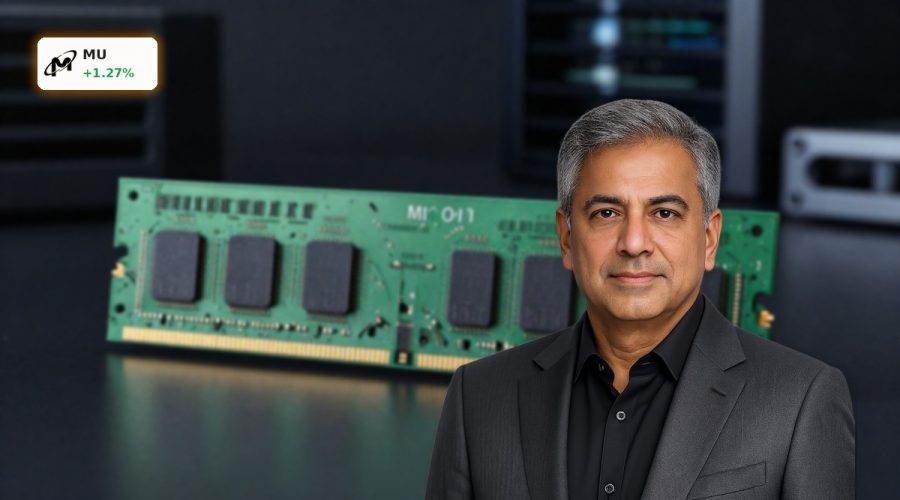 Micron Earnings boosted by premium AI HBM and DRAM memory chips on dark background
