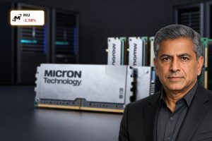 Micron Technology Earnings reflected in premium DRAM and HBM AI memory chips on dark background