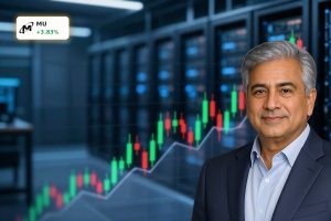 Micron Forecast visualized by rising MU stock chart against AI data center servers.