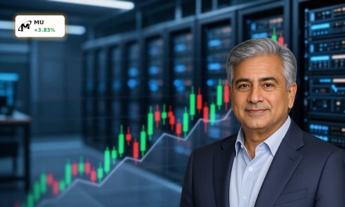 Micron Forecast visualized by rising MU stock chart against AI data center servers.