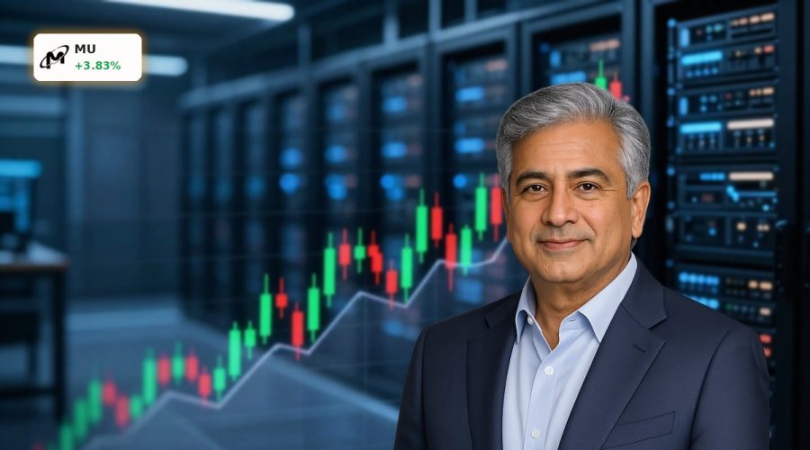 Micron Forecast visualized by rising MU stock chart against AI data center servers.