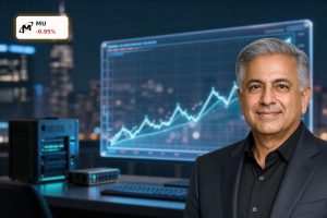 Micron Technology Forecast visualized by rising stock trend near AI data center memory chips