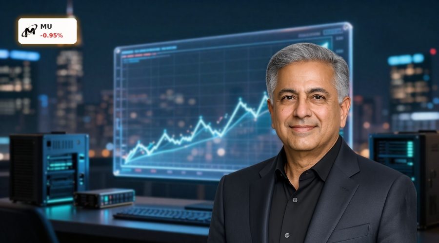 Micron Technology Forecast visualized by rising stock trend near AI data center memory chips