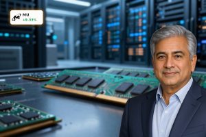 Micron Record surge reflected by AI memory chips and servers in a high-end semiconductor data center.