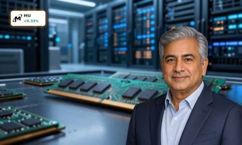 Micron Record surge reflected by AI memory chips and servers in a high-end semiconductor data center.