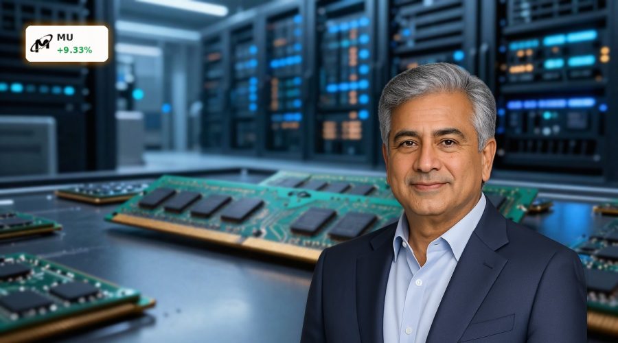 Micron Record surge reflected by AI memory chips and servers in a high-end semiconductor data center.
