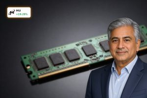 Micron Record AI memory chip close-up highlighting HBM and DRAM demand driving MU shares higher