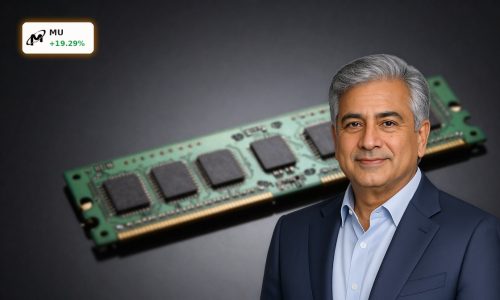 Micron Record AI memory chip close-up highlighting HBM and DRAM demand driving MU shares higher