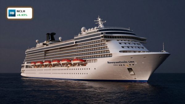 Norwegian Cruise Line Upgrade spotlighting a luxury NCLH cruise ship on dark water at dusk