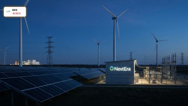 NextEra Energy Earnings: Clean energy wind turbines and solar panels powering modern AI data centers.