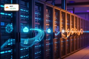 Cloudflare GoDaddy Partnership visualized by connected data center servers and AI traffic lights