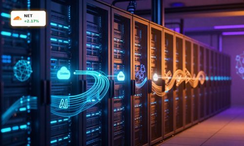 Cloudflare GoDaddy Partnership visualized by connected data center servers and AI traffic lights