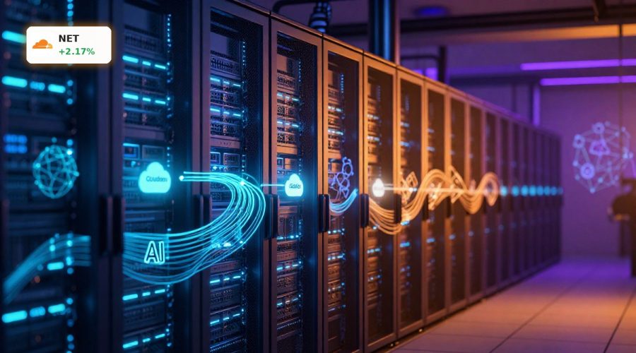 Cloudflare GoDaddy Partnership visualized by connected data center servers and AI traffic lights