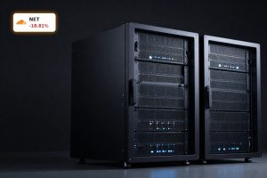 Cloudflare Earnings reaction with premium server racks glowing in a dark data center