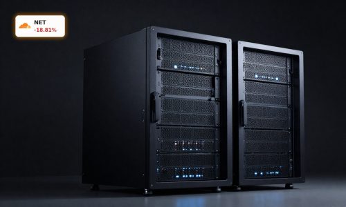 Cloudflare Earnings reaction with premium server racks glowing in a dark data center