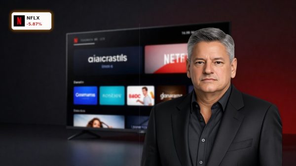 Netflix Merger focus on Netflix streaming app displayed on a smart TV in a dark premium studio setting