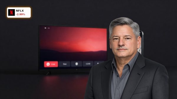 Netflix Strategy visual with streaming remote, smartphone clips, and live TV concept on dark background