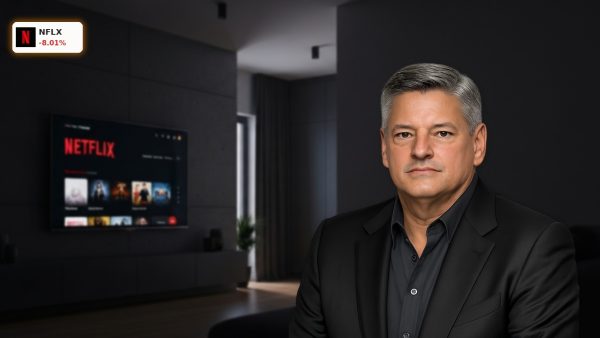 Netflix Earnings: TV displaying the streaming service interface in a dark living room.