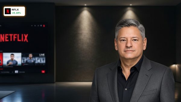 A modern TV displaying the streaming interface, highlighting Netflix Earnings and new ad-supported growth strategies.