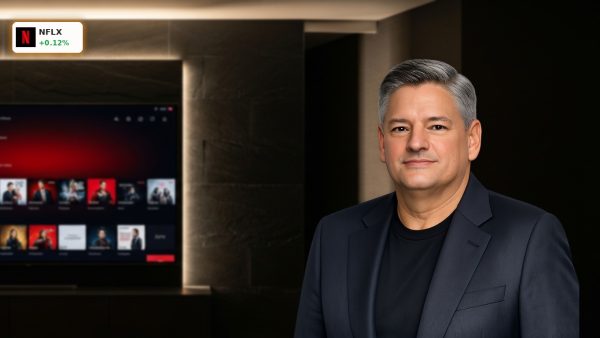 A modern smart TV displaying a streaming interface in a dark living room, highlighting Netflix Earnings news.