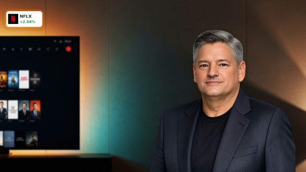 Sleek smart TV displaying a streaming interface in a dark living room, representing Netflix Earnings growth.