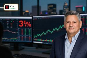 Trading desk with rising stock chart as Netflix Earnings fuel a 3% NFLX share price jump.