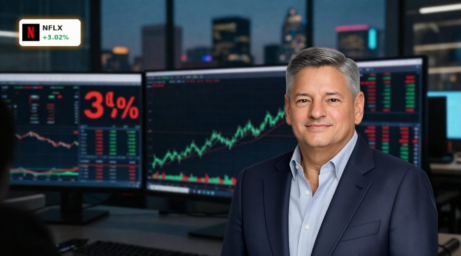 Trading desk with rising stock chart as Netflix Earnings fuel a 3% NFLX share price jump.