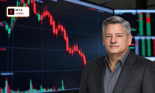 Netflix Earnings reaction with stock chart showing a sharp post-report decline in a modern trading room.