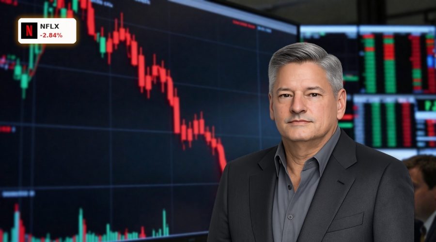 Netflix Earnings reaction with stock chart showing a sharp post-report decline in a modern trading room.