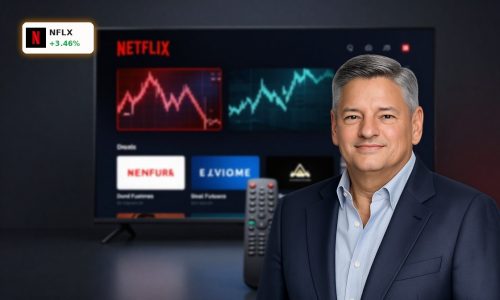 Netflix Earnings reaction with streaming screen and subtle stock market indicators in a dark premium setting