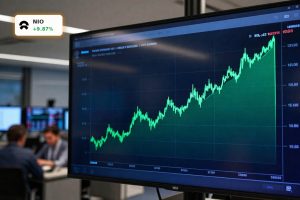 NIO Earnings reflected in a sharp green candlestick surge on a trading screen after first quarterly profit.