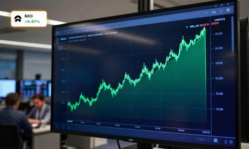 NIO Earnings reflected in a sharp green candlestick surge on a trading screen after first quarterly profit.