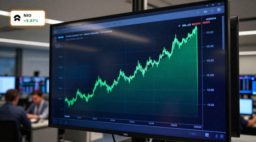 NIO Earnings reflected in a sharp green candlestick surge on a trading screen after first quarterly profit.