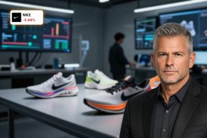 Nike Innovation lab with designers reviewing next-gen running shoe prototypes amid rising competitive pressure.