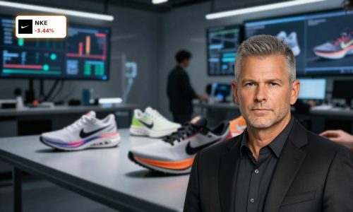Nike Innovation lab with designers reviewing next-gen running shoe prototypes amid rising competitive pressure.