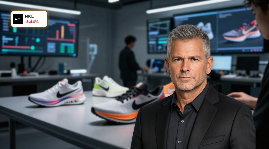 Nike Innovation lab with designers reviewing next-gen running shoe prototypes amid rising competitive pressure.