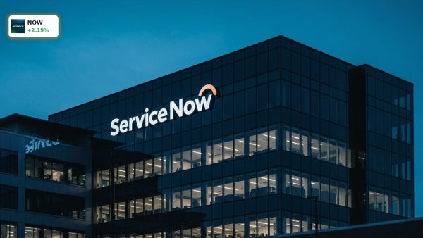 The illuminated ServiceNow corporate headquarters building representing the growing ServiceNow Market.
