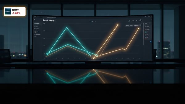 ServiceNow Analyst Ratings displayed on a modern financial dashboard with diverging data trends.
