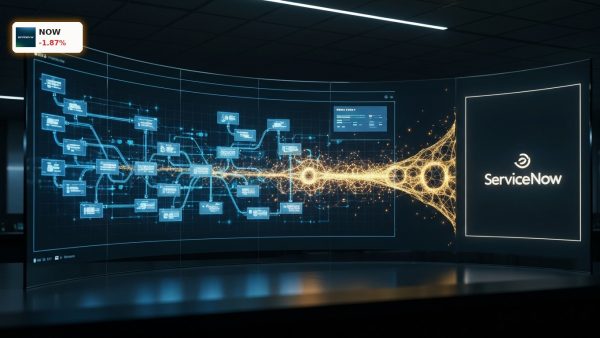 Futuristic digital workflow interface with glowing AI networks, highlighting ServiceNow Earnings and tech competition.