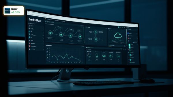 ServiceNow Earnings surge as enterprise AI dashboard displays workflow automation and cloud database metrics.