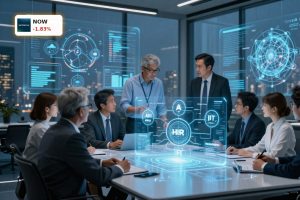 Executives review AI workflow platform in boardroom, symbolizing ServiceNow AI Partnership with DXC and enterprise automation strategy