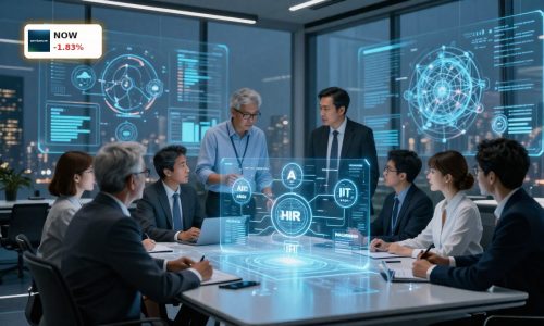 Executives review AI workflow platform in boardroom, symbolizing ServiceNow AI Partnership with DXC and enterprise automation strategy
