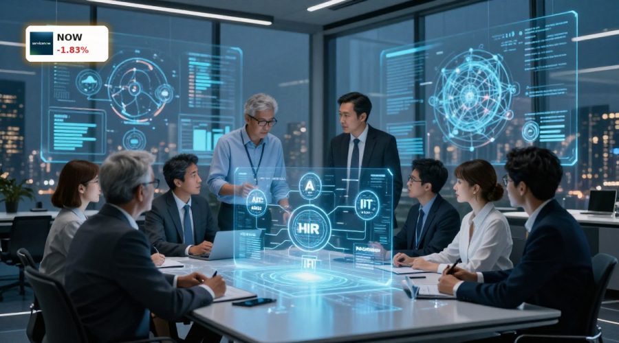 Executives review AI workflow platform in boardroom, symbolizing ServiceNow AI Partnership with DXC and enterprise automation strategy