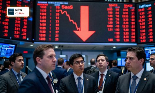 Wall Street traders watch red screens amid sharp tech selloff, highlighting ServiceNow Forecast risk.